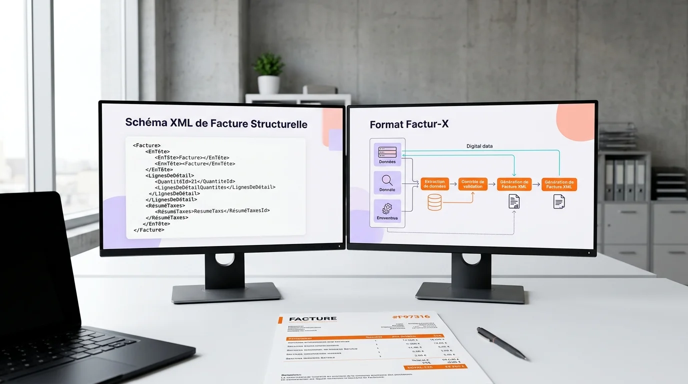 Schéma comparatif des trois formats facture électronique France : Factur-X, UBL et CII, icônes XML et PDF sur fond blanc épuré