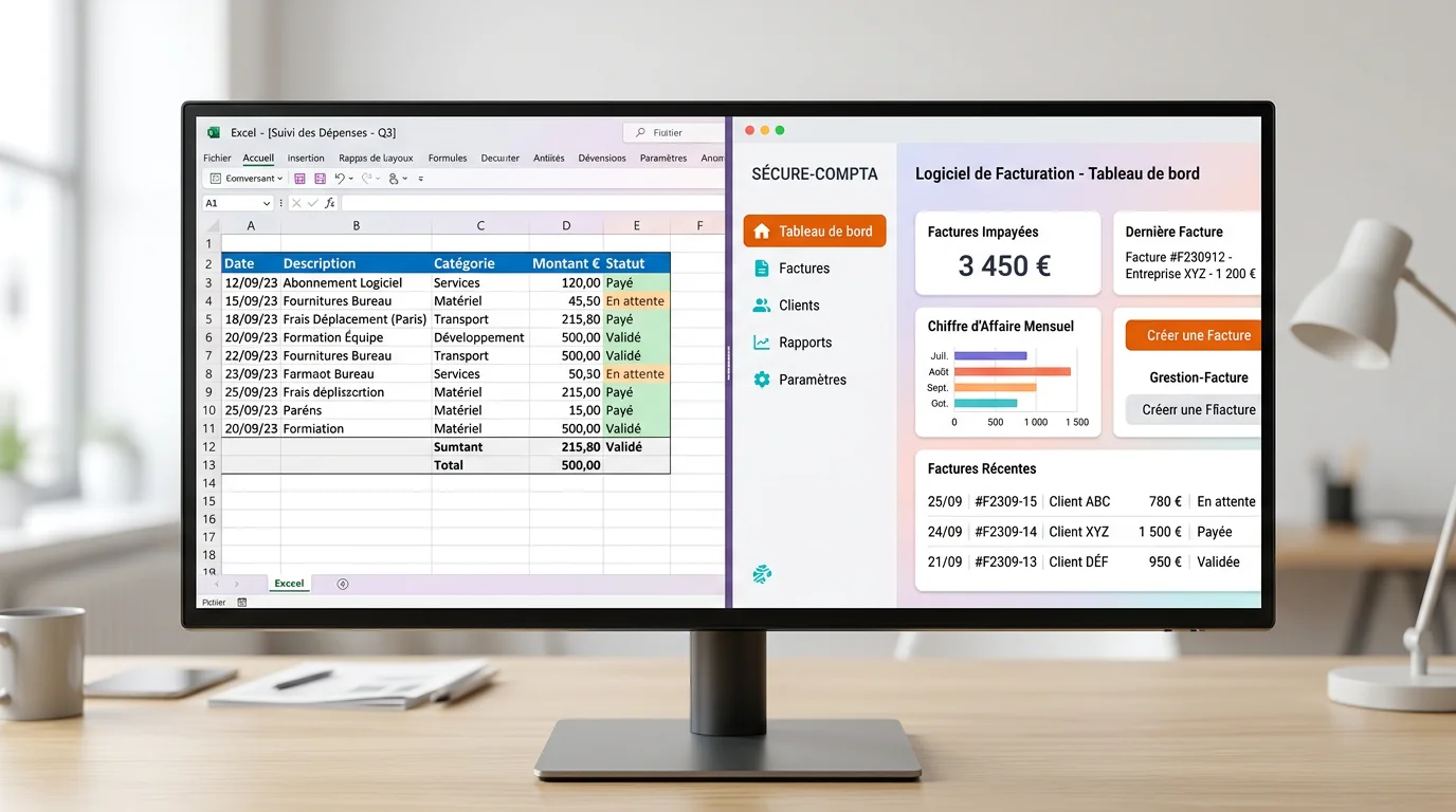 Écran partagé montrant un tableur Excel à gauche et un logiciel de facturation moderne à droite avec tableau de bord