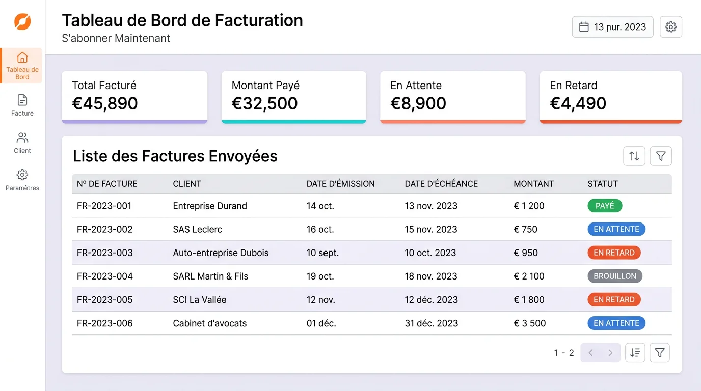 Dashboard de logiciel de facturation avec liste de factures envoyées et statuts payé en attente en retard