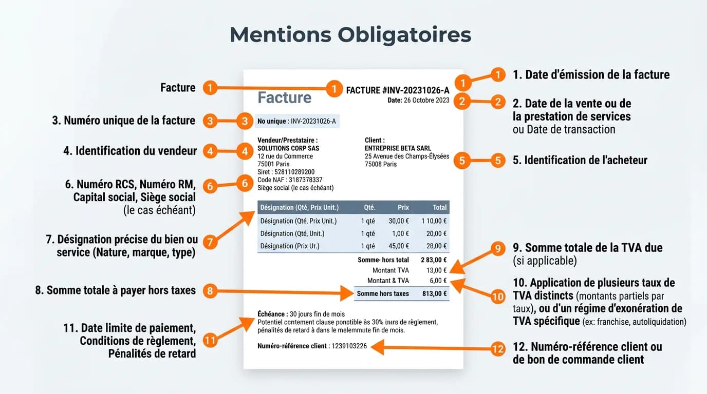 Facture annotée avec flèches pointant vers chaque mention obligatoire numérotée de 1 à 12