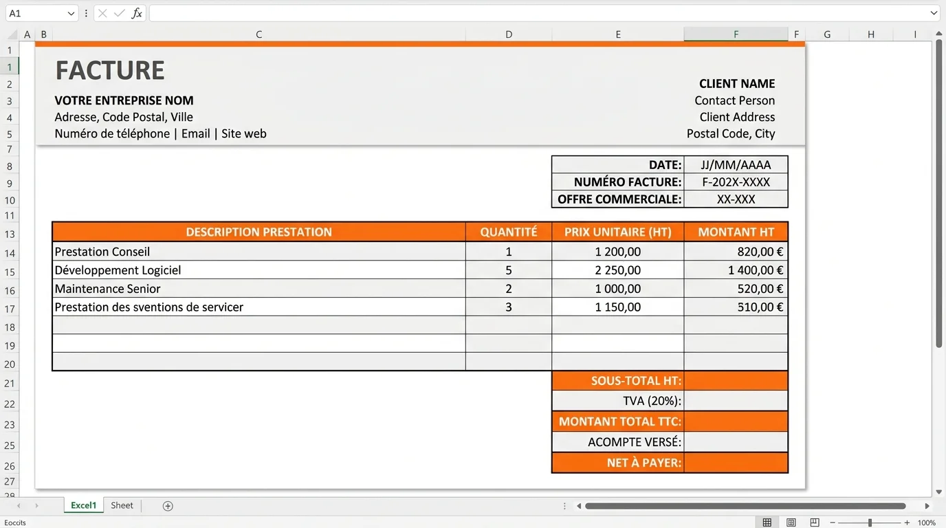 Modèle de facture Excel avec zones en-tête client tableau prestations et totaux TTC sur fond blanc