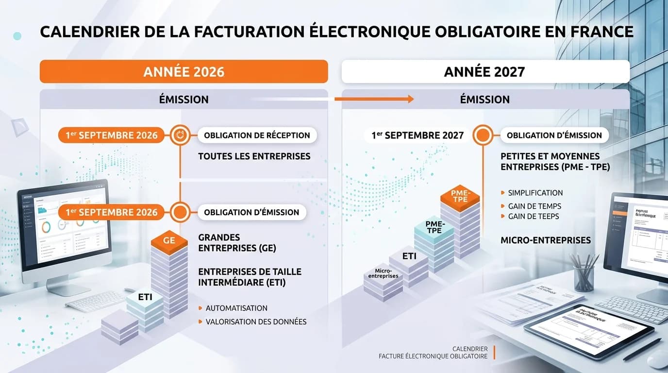 Calendrier facture électronique obligatoire 2026 2027 avec dates réception et émission par taille entreprise