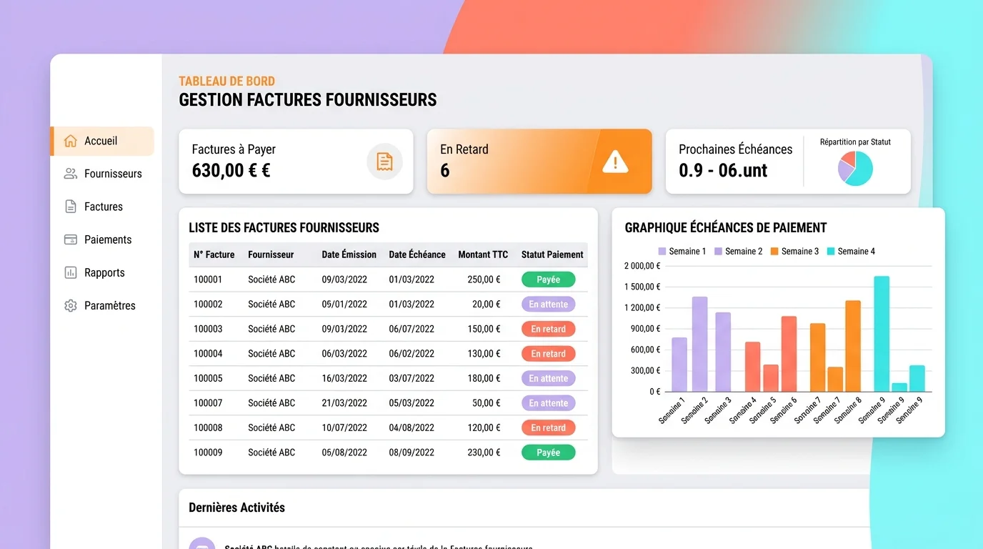 Dashboard logiciel gestion factures fournisseurs avec liste factures statuts paiement et graphique échéances