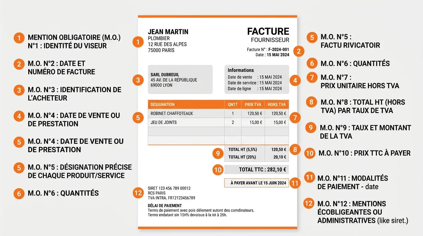 Exemple de facture fournisseur annotée avec les 12 mentions obligatoires numérotées sur le document