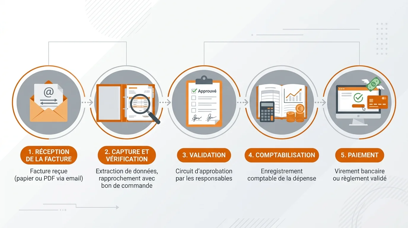 Schéma des 5 étapes de traitement d'une facture fournisseur avec icônes réception validation comptabilisation