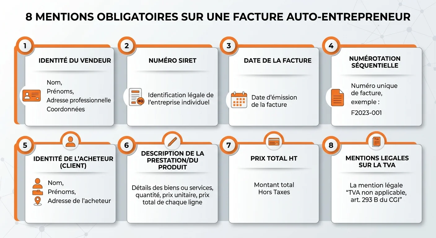 Modèle de facture auto-entrepreneur avec 8 mentions obligatoires, numérotation chronologique, SIRET et montants TTC/HT