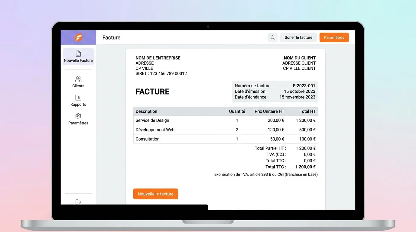 Interface d'un logiciel de facturation affichant une facture HT avec mention franchise en base TVA sur écran d'ordinateur