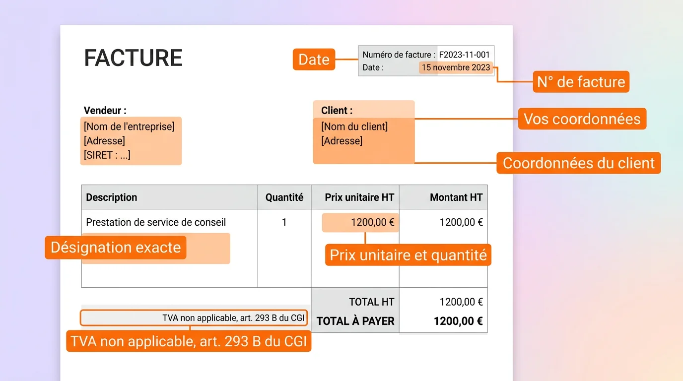 Modèle de facture sans TVA avec mentions obligatoires surlignées en orange sur fond blanc