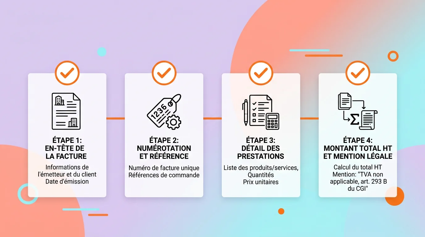 Étapes de création d'une facture sans TVA représentées dans un processus linéaire avec icônes de vérification orange