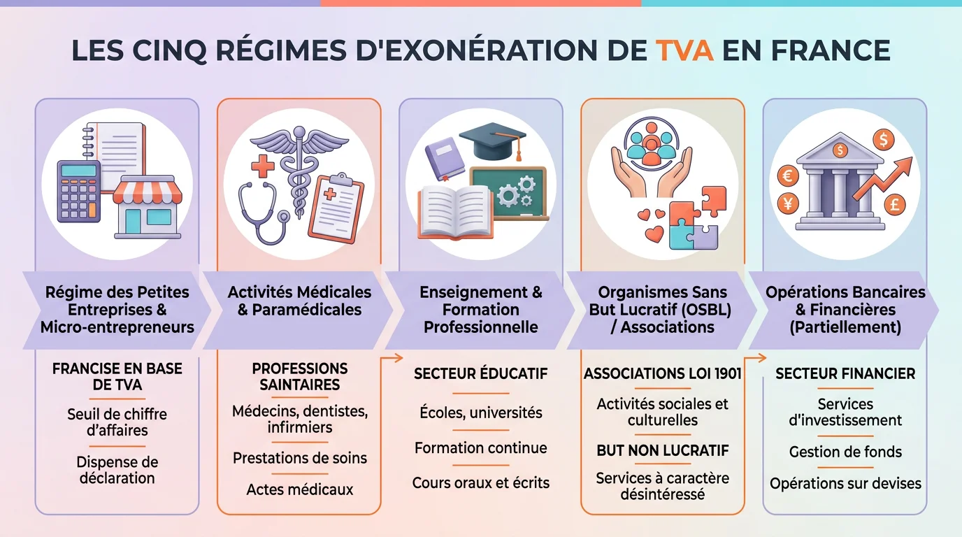 Schéma des cinq régimes d'exonération de TVA en France avec icônes pour chaque catégorie professionnelle