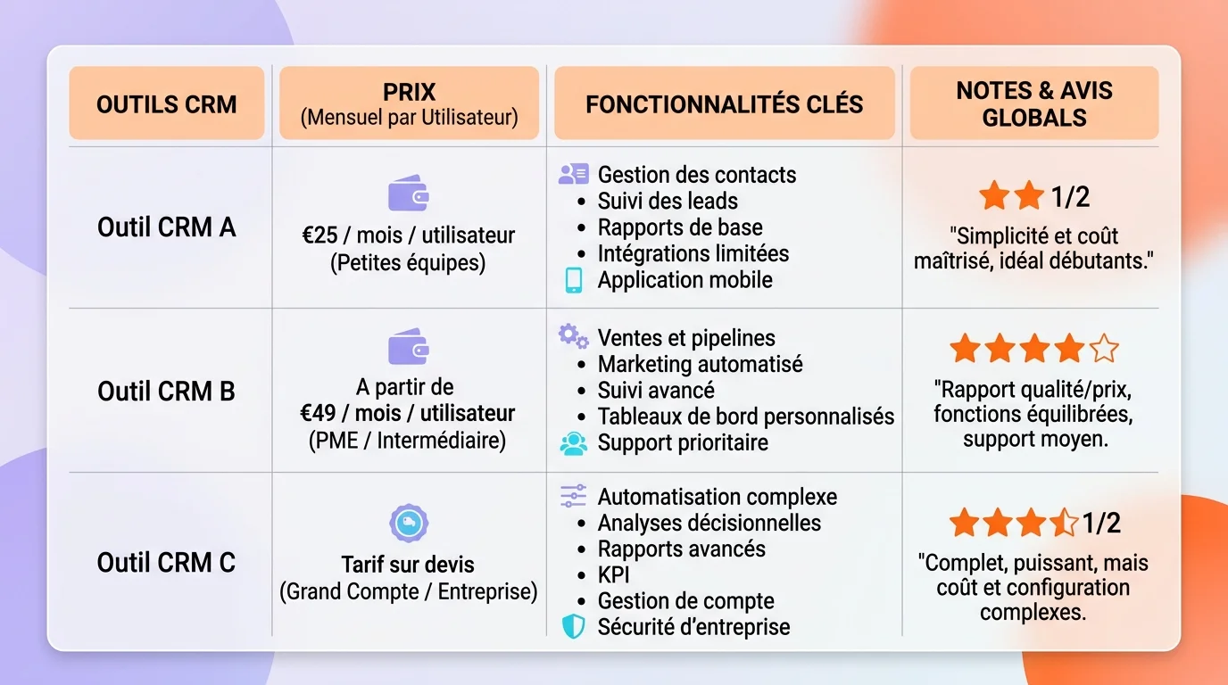 Tableau comparatif de trois outils CRM avec colonnes prix fonctionnalités et note sur fond clair