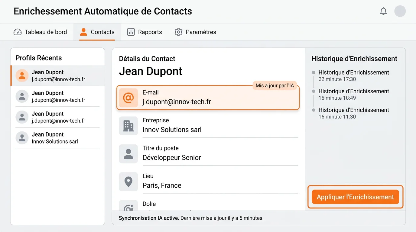 Écran d'enrichissement automatique de contacts avec champs email et entreprise remplis par IA