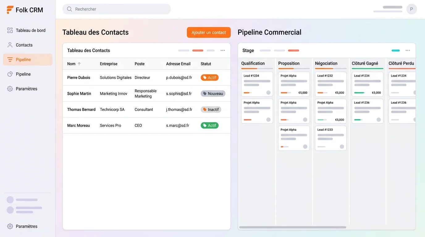 Interface du CRM Folk avec vue tableau de contacts et pipeline commercial sur fond blanc