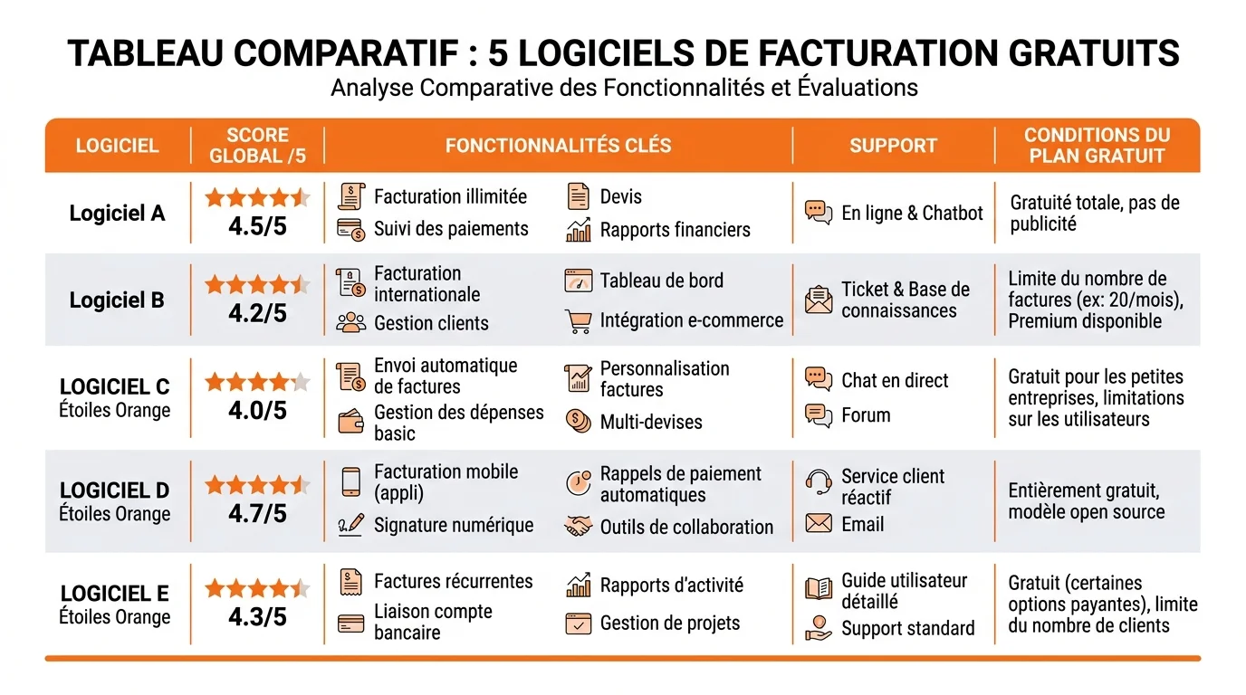 Tableau comparatif de cinq logiciels de facturation gratuits avec scores et fonctionnalités sur fond blanc