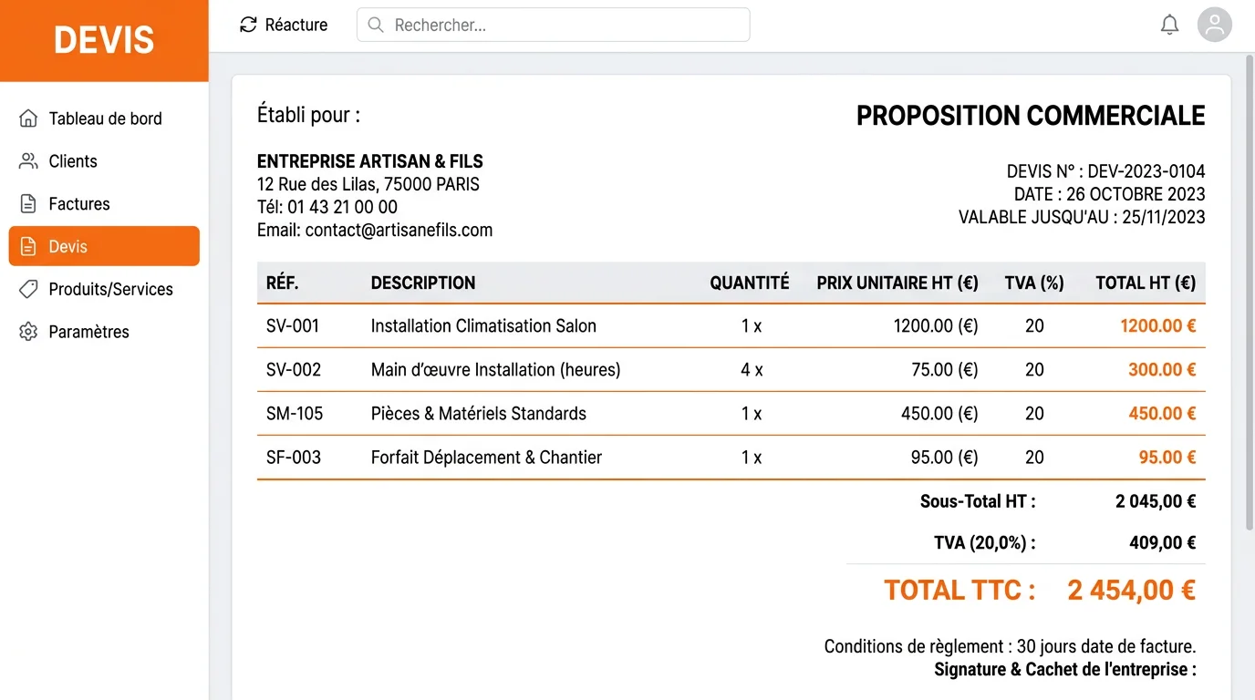 Écran de logiciel de facturation gratuit affichant un devis professionnel avec lignes de produits et total TTC