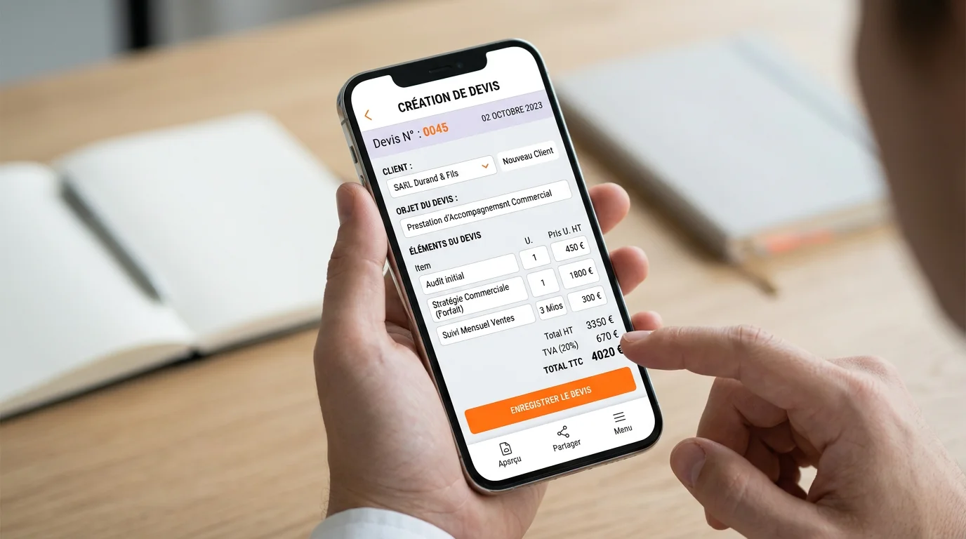 Indépendant créant un devis sur smartphone depuis une application de facturation mobile avec interface claire