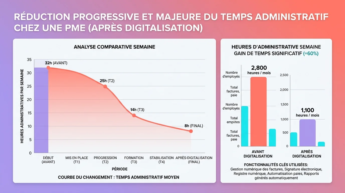 Graphique montrant la réduction du temps administratif dans une PME après digitalisation avec courbe avant après