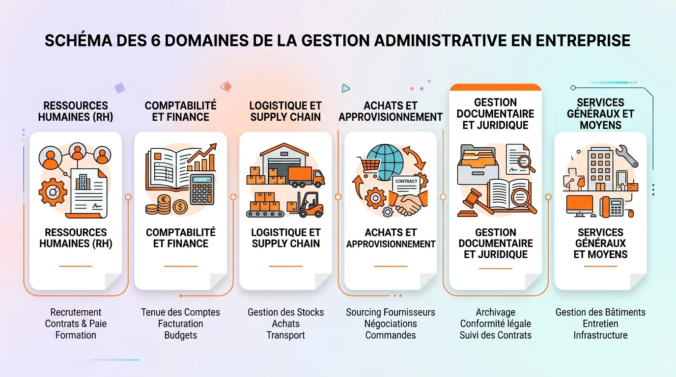 Schéma des 6 domaines de la gestion administrative en entreprise avec icônes RH comptabilité logistique