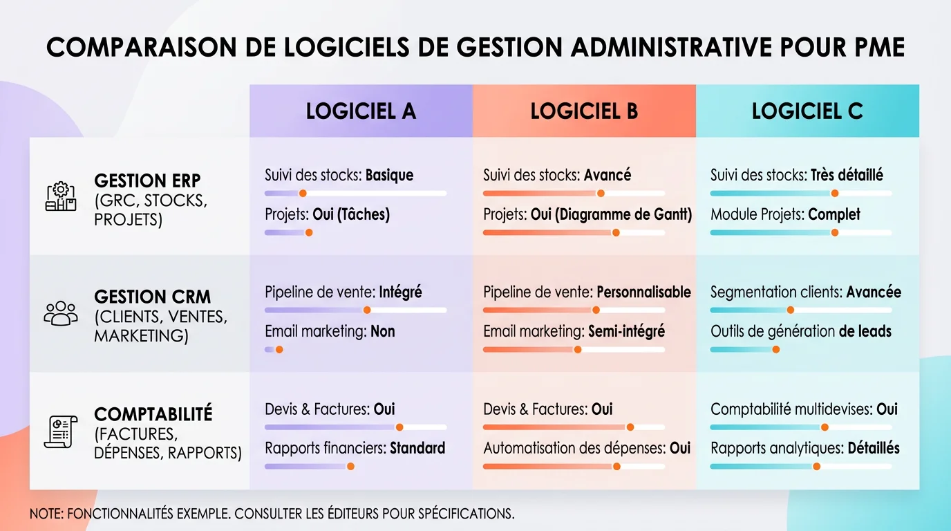 Comparatif visuel de logiciels de gestion administrative pour PME avec interfaces ERP CRM et comptabilité