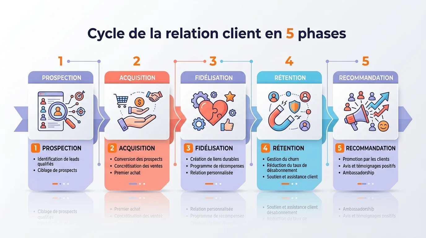 Cycle de la relation client en 5 phases avec prospection acquisition fidelisation retention et recommandation