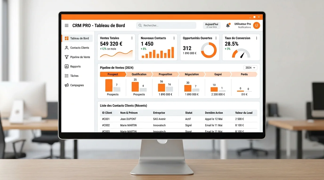 Dashboard CRM professionnel avec pipeline de ventes graphiques KPI et liste de contacts clients sur ecran