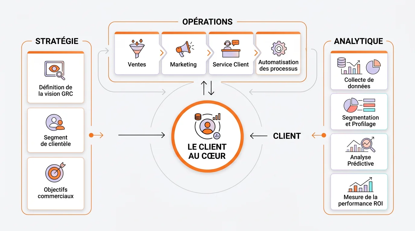 Schema des 3 dimensions de la gestion de la relation client GRC avec strategie, operations et analytique autour du client