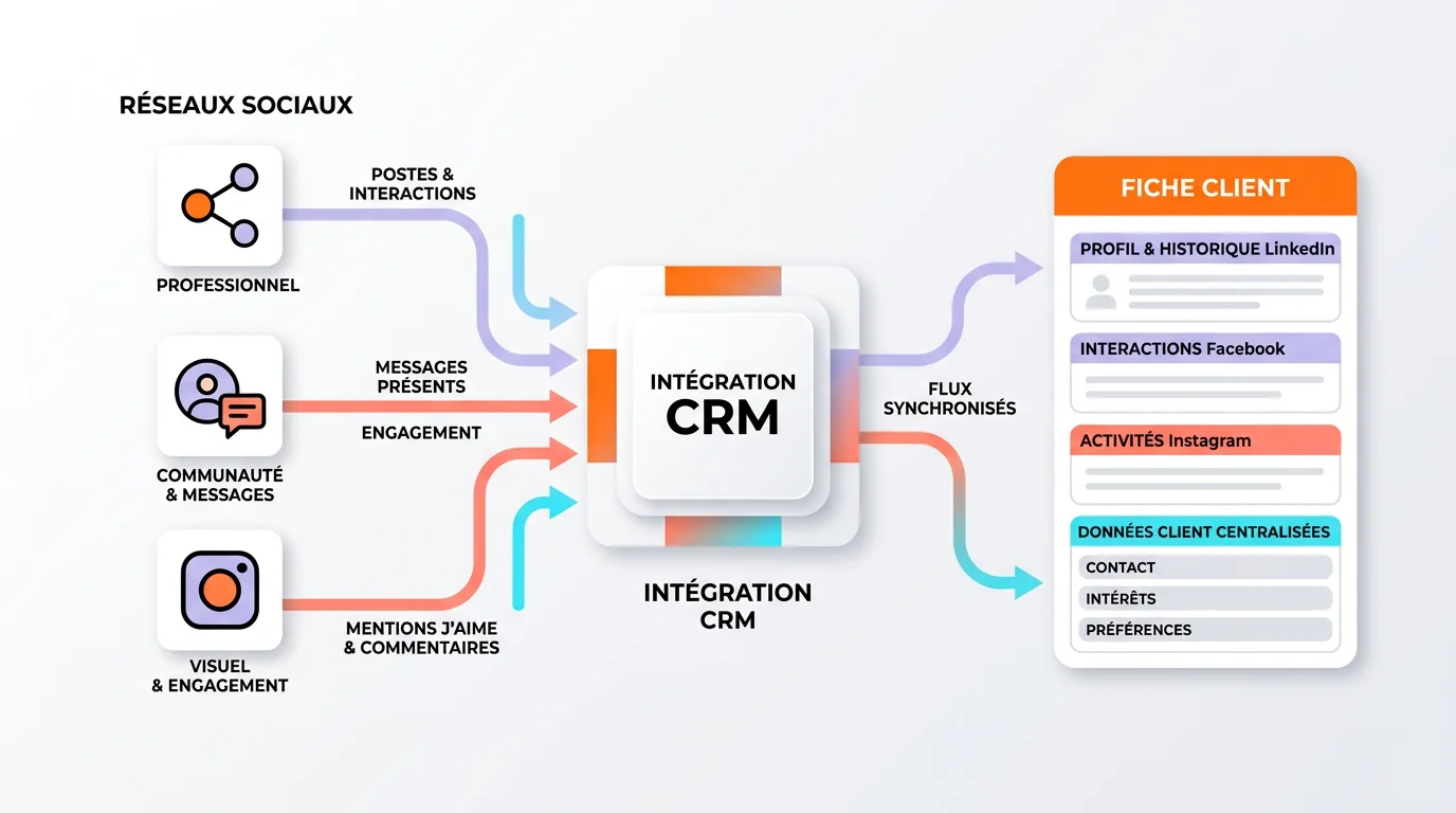 Integration CRM avec reseaux sociaux montrant flux de donnees entre LinkedIn Facebook Instagram et fiche client