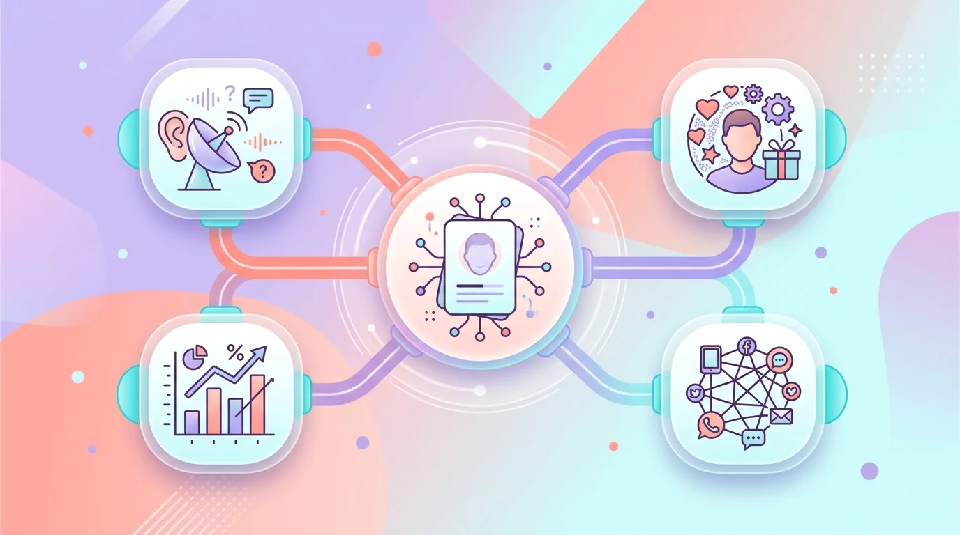 Schéma des 4 piliers CRM : écoute, personnalisation, omnicanalité et mesure reliés à une fiche client centrale