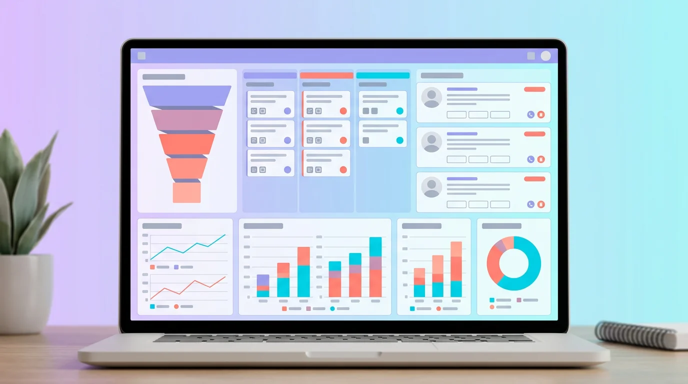 Tableau de bord CRM avec pipeline commercial, fiches clients et graphiques de performance sur écran d'ordinateur