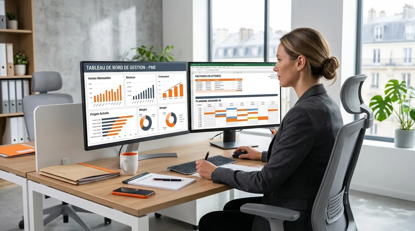 Gestionnaire PME assis face à deux écrans avec tableau de bord, factures et planning dans un bureau lumineux
