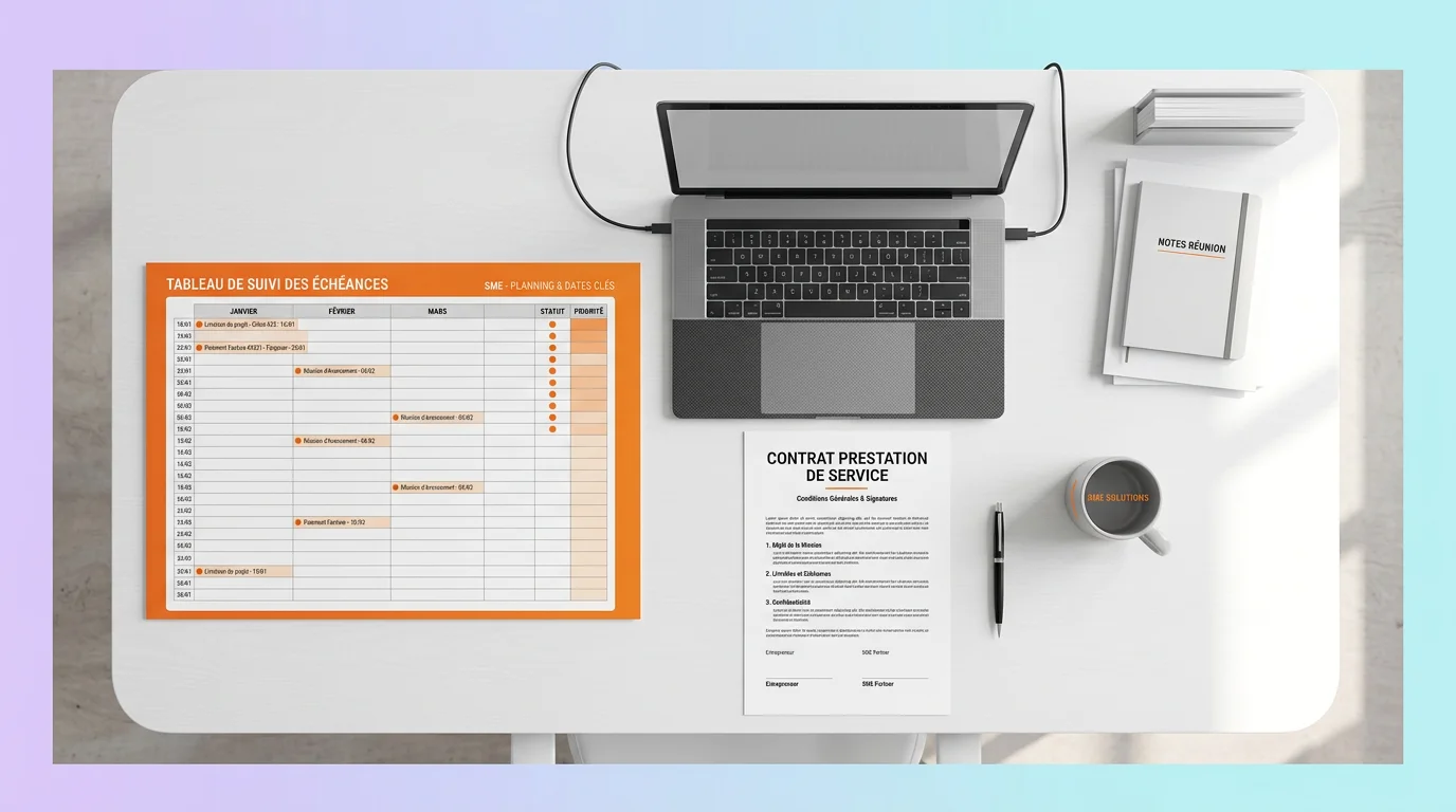 Vue en plongée d’un bureau PME avec contrats, ordinateur portable et tableau de suivi des échéances orange