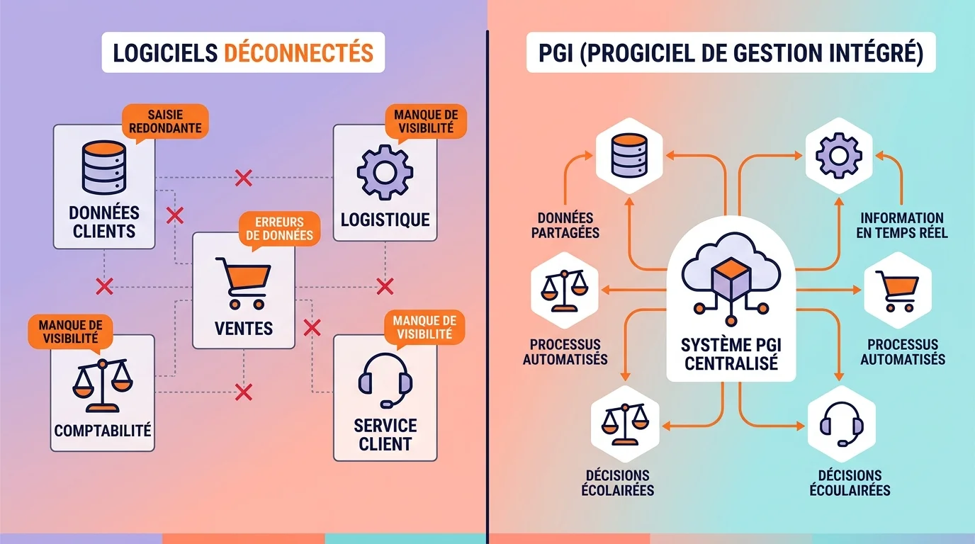 Illustration comparative montrant à gauche des logiciels séparés déconnectés et à droite un PGI reliant tous les services d'une entreprise