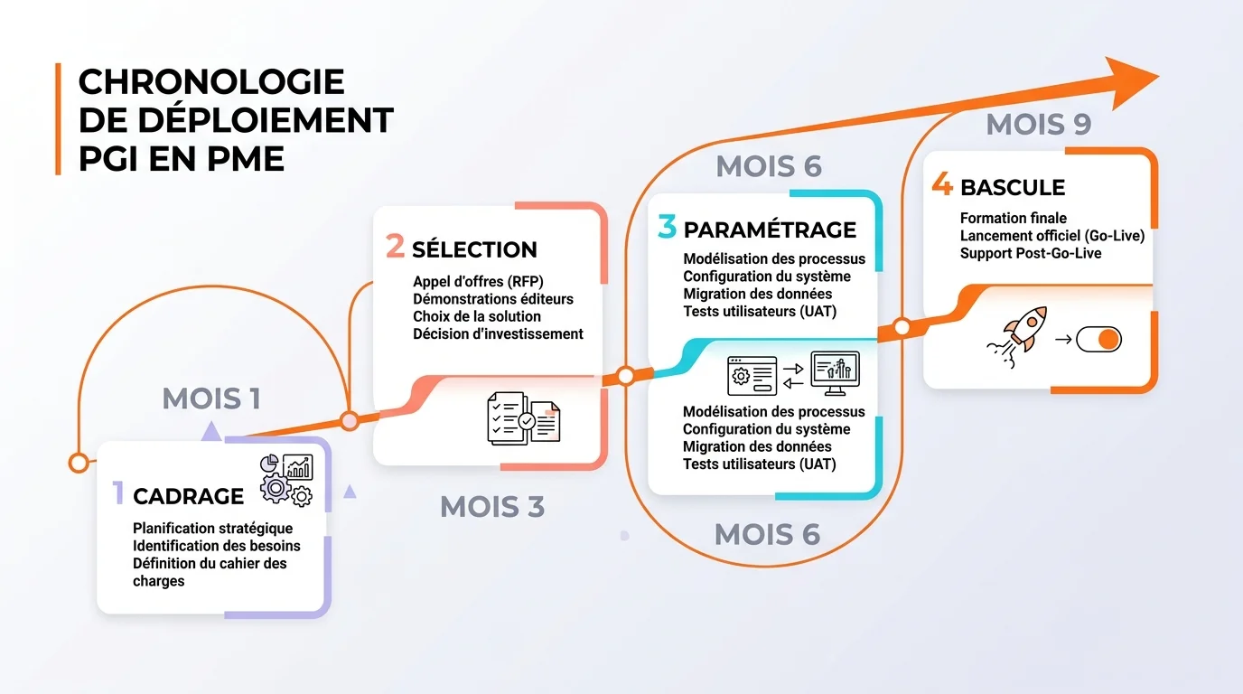 Chronologie de déploiement d'un PGI en PME avec quatre phases : cadrage, sélection, paramétrage et bascule sur une frise temporelle