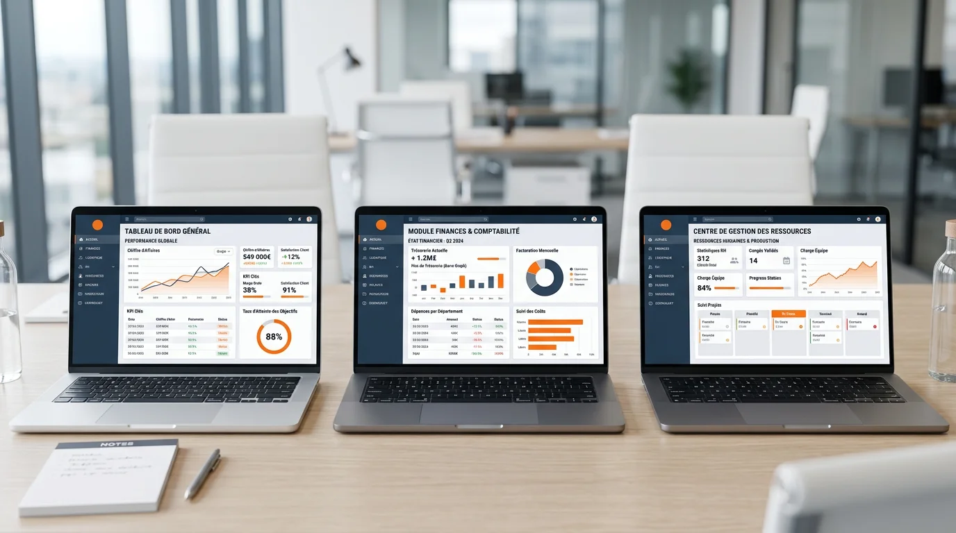 Écrans de plusieurs logiciels de gestion intégrés affichant des tableaux de bord, graphiques et modules sur des ordinateurs portables côte à côte