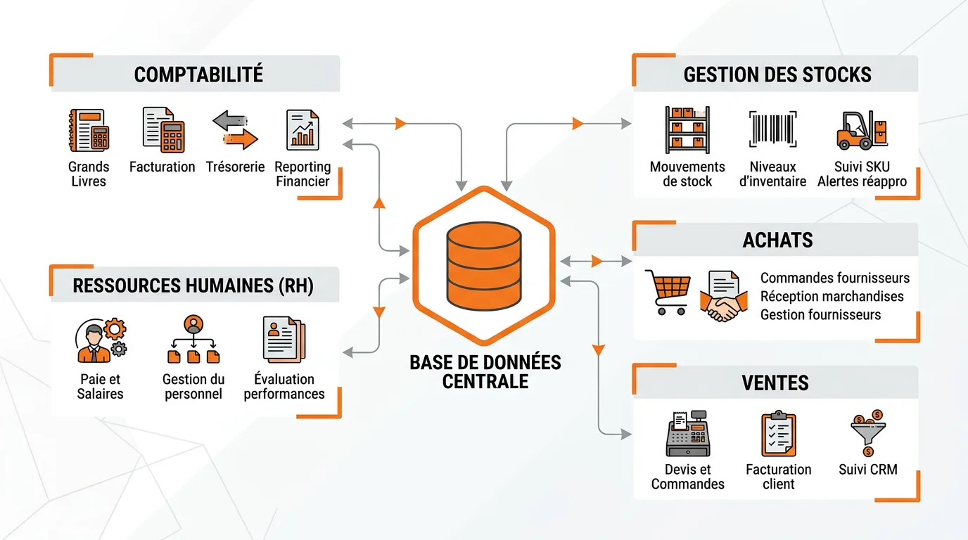 Schéma d'un logiciel de gestion intégré montrant les modules comptabilité, stocks, achats, ventes et RH reliés à une base de données centrale