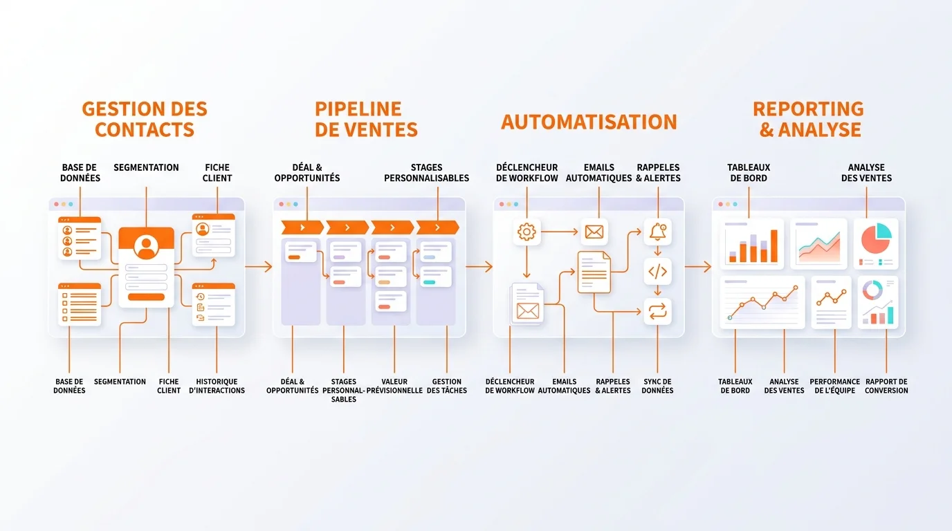Schéma des fonctionnalités logiciel GRC contacts pipeline automatisation reporting