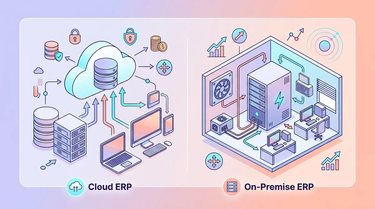 Comparaison visuelle ERP cloud avec serveurs distants et ERP on-premise avec serveur local dans bureau PME