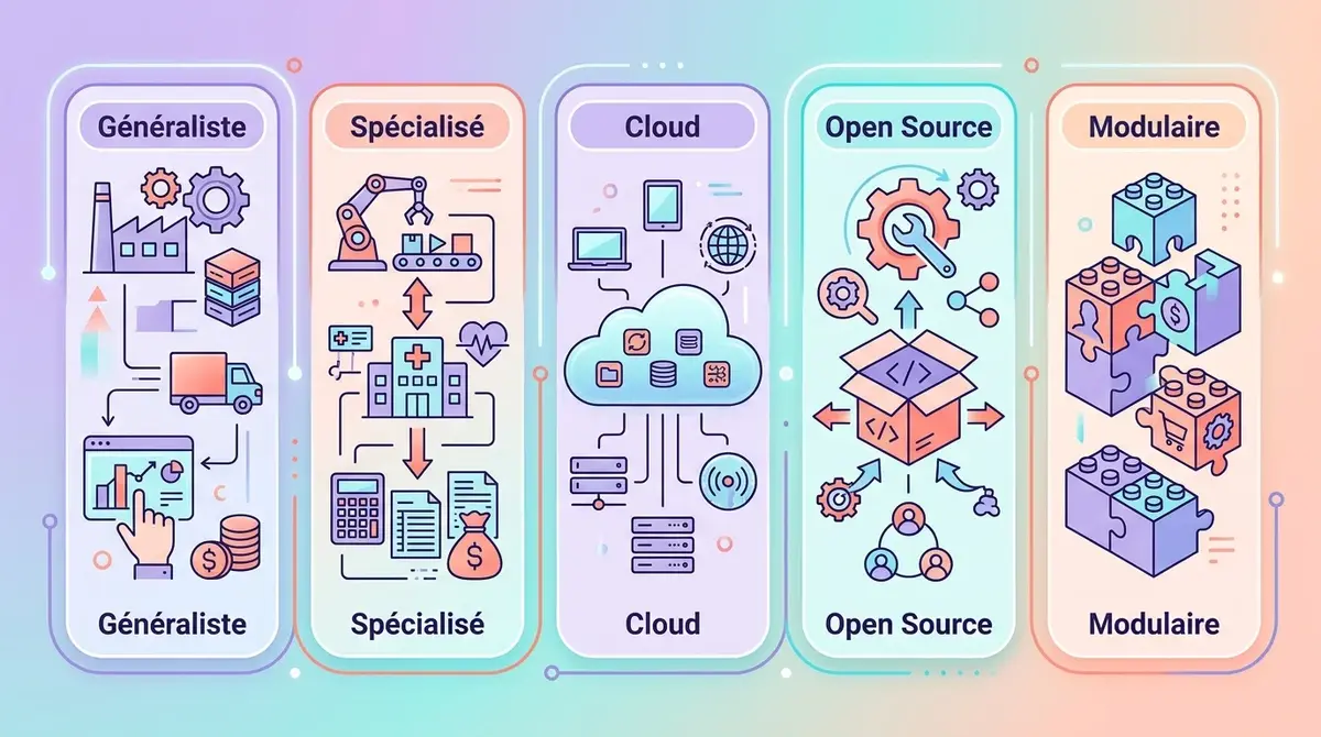 Infographie des cinq types de logiciels ERP généraliste spécialisé cloud open source et modulaire avec icônes distinctes