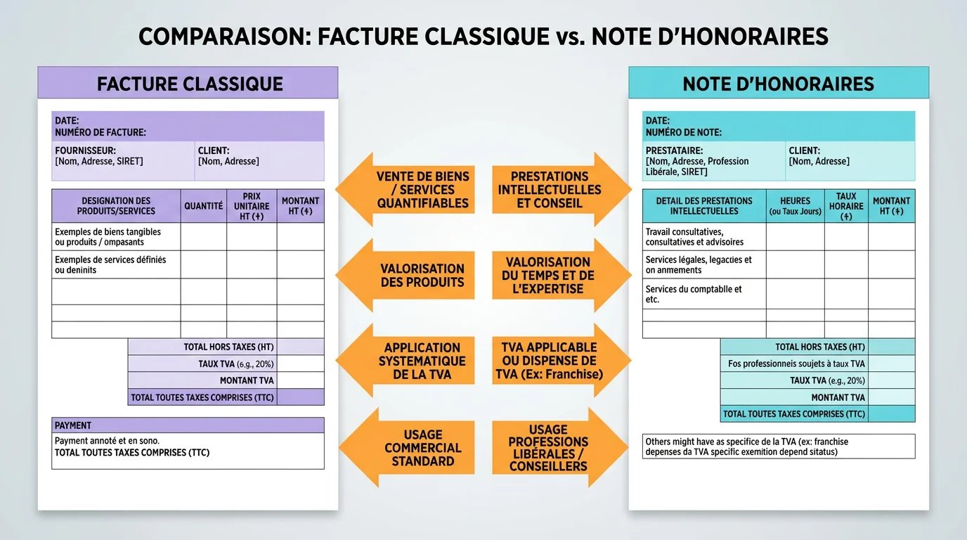 Infographie comparant une facture classique et une note d'honoraires côte à côte avec flèches de distinction