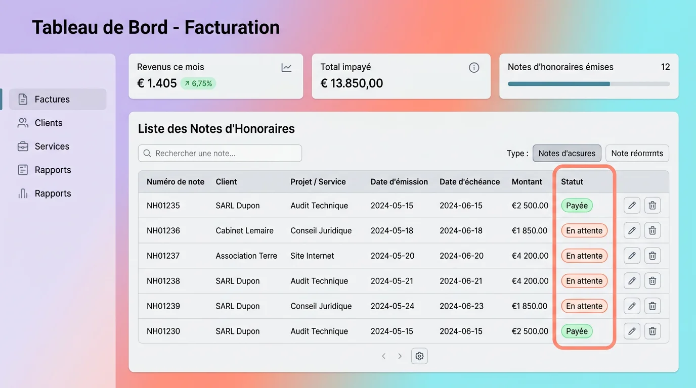 Dashboard d'un logiciel de facturation affichant une liste de notes d'honoraires avec statuts payé et en attente