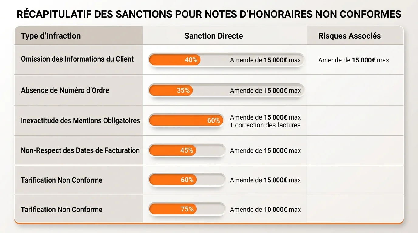 Tableau récapitulatif des amendes pour notes d'honoraires non conformes avec barres de progression orange