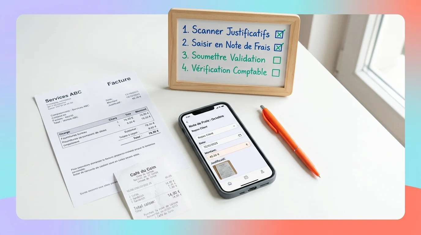bureau vu de dessus avec facture ticket smartphone et tableau de validation des notes de frais