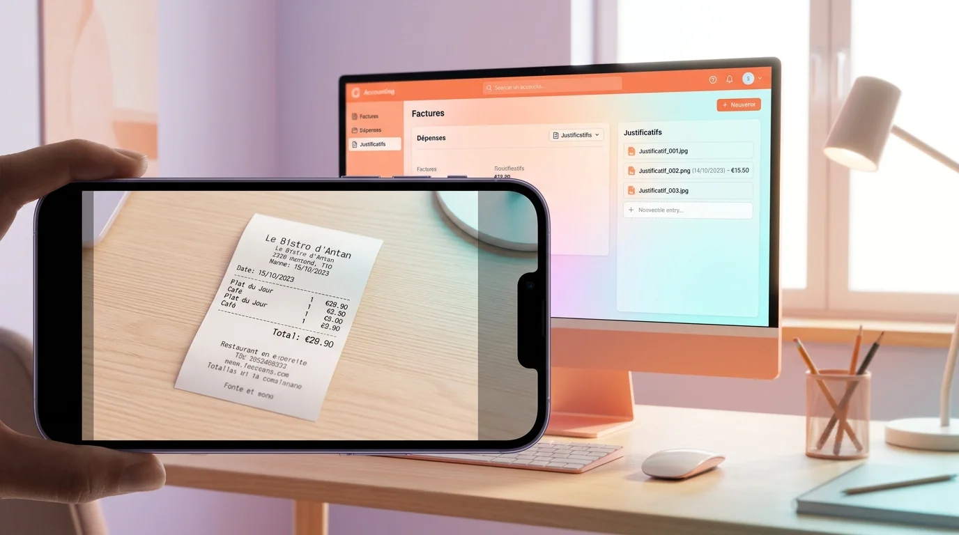 smartphone photographiant un ticket de restaurant à côté d'un écran de comptabilité PME