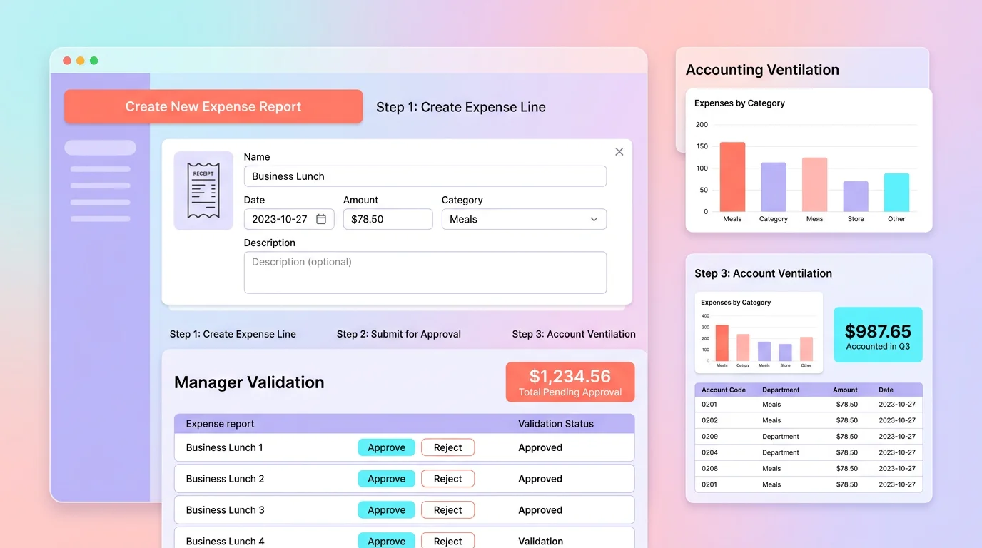 écran de logiciel de notes de frais avec validation manager et ventilation comptable en interface orange
