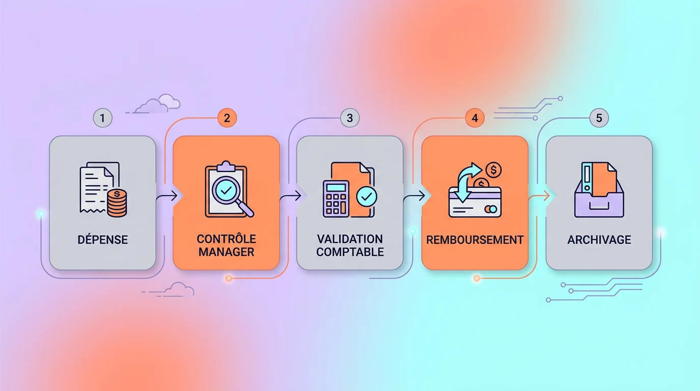 workflow visuel de note de frais avec validation manager comptabilité remboursement et archivage
