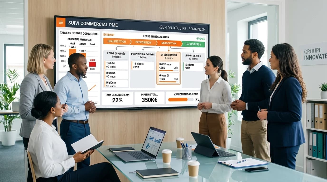 Réunion d’équipe PME devant tableau de suivi commercial avec pipeline, objectifs et leads qualifiés