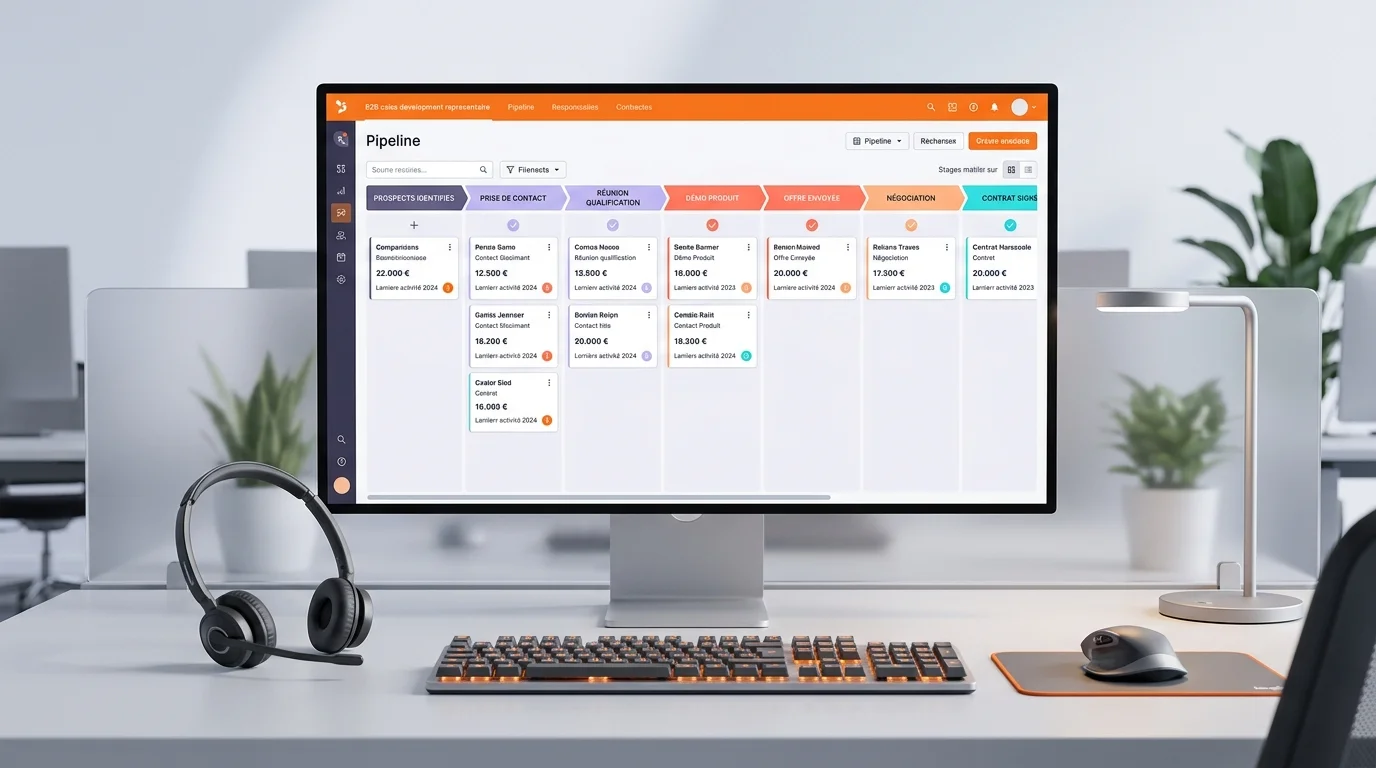 Bureau de prospection B2B avec écran CRM, pipeline de leads et casque téléphonique sur un poste commercial