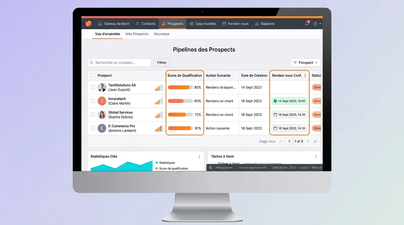 Vue d’un écran CRM montrant fiches prospects, score de qualification et colonne de rendez-vous confirmés
