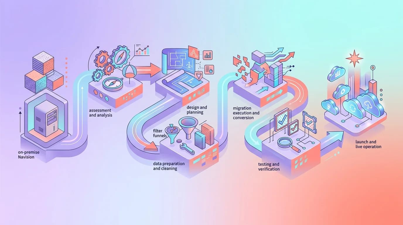 Diagramme de migration du software Navision on-premise vers Business Central cloud avec fleches et etapes