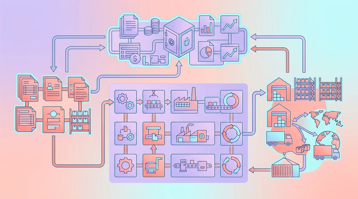Schema des modules fonctionnels du software Navision avec comptabilite ventes production et logistique